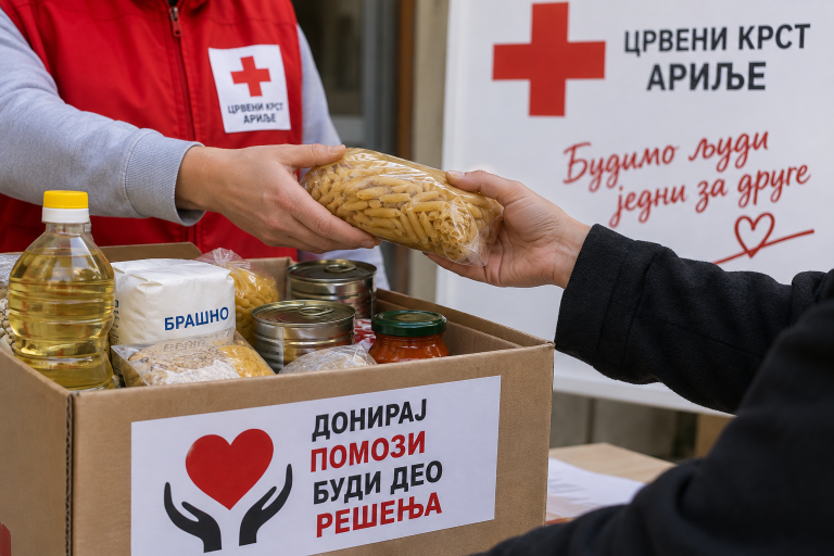 Ilustracija humanitarne akcije Crvenog krsta Arilje – doniranje osnovnih životnih namirnica za najugroženije građane.