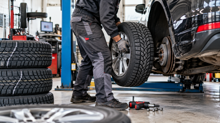 Zimski pneumatici na automobilu tokom pripreme za zimsku sezonu