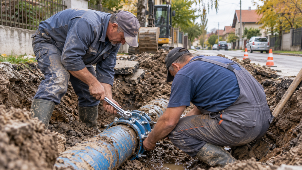 Radnici popravljaju vodovodnu mrežu tokom prekida vode u Vrbicama